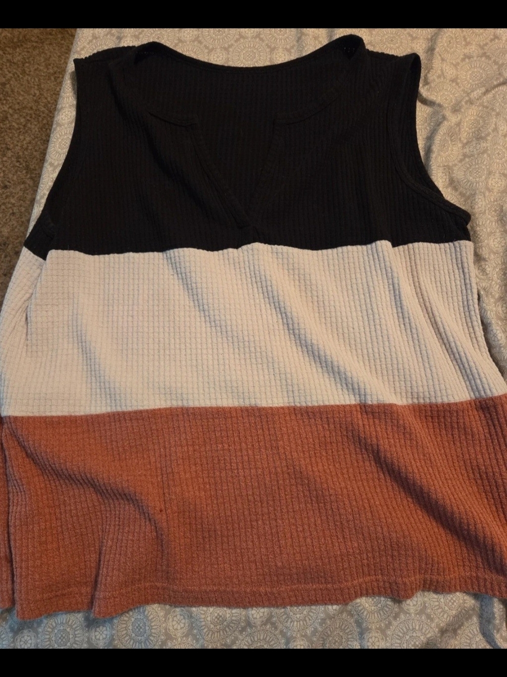 Waffle Knit Sleeveless Top - Black, Cream & Rust